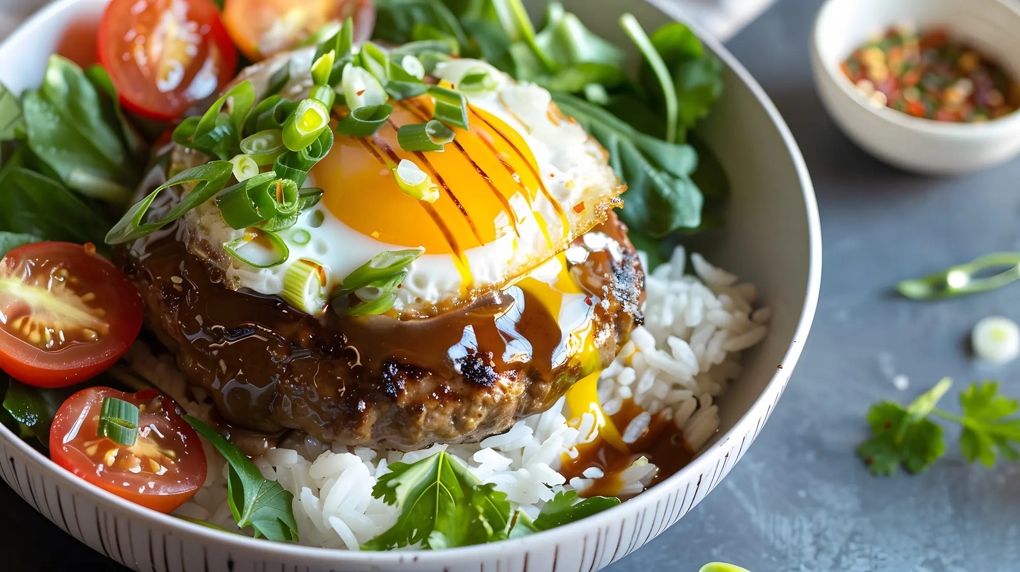 ハンバーグと目玉焼きが乗った丼メニューの写真