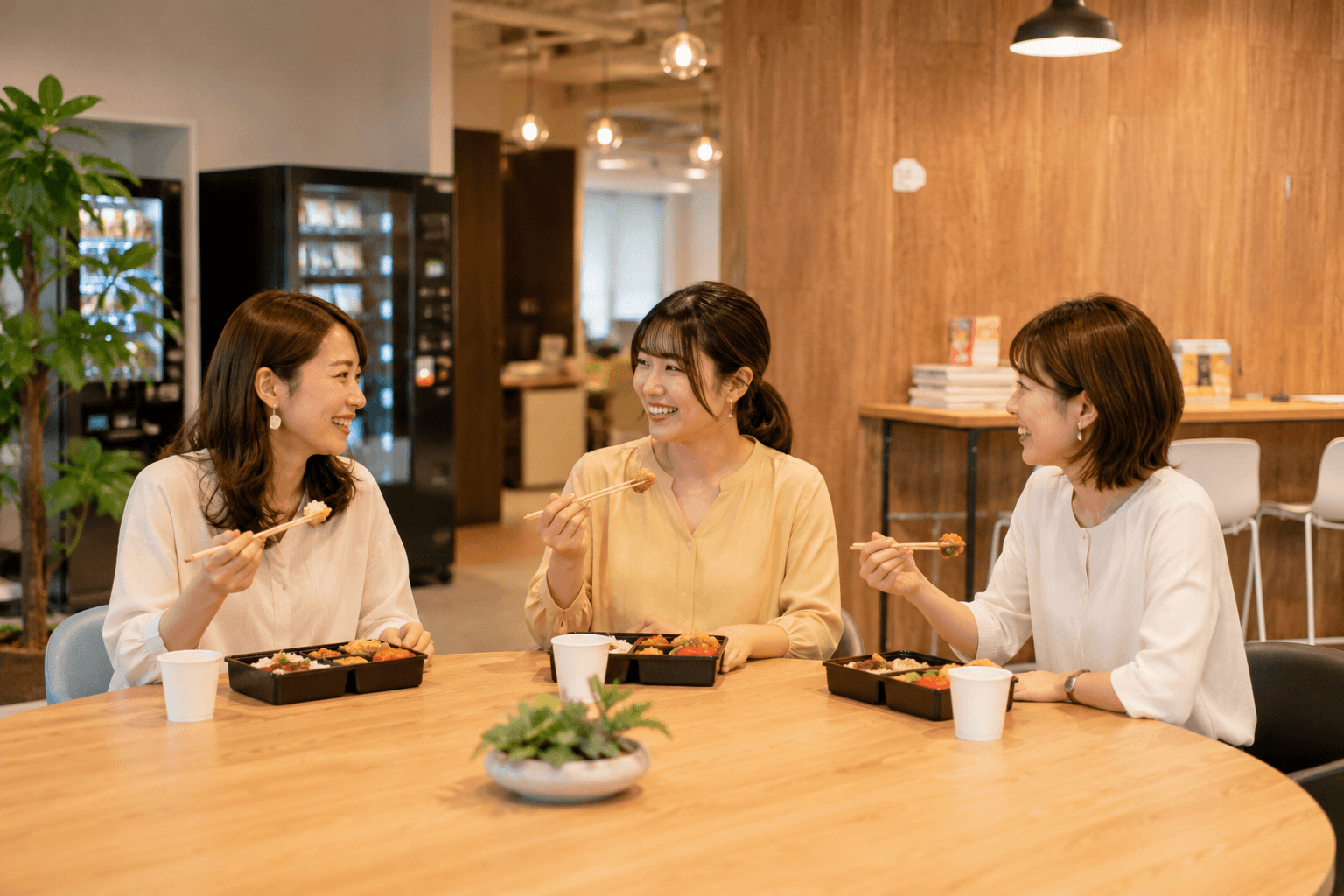 オフィスの休憩スペースでお弁当を囲み談笑する女性たちの写真